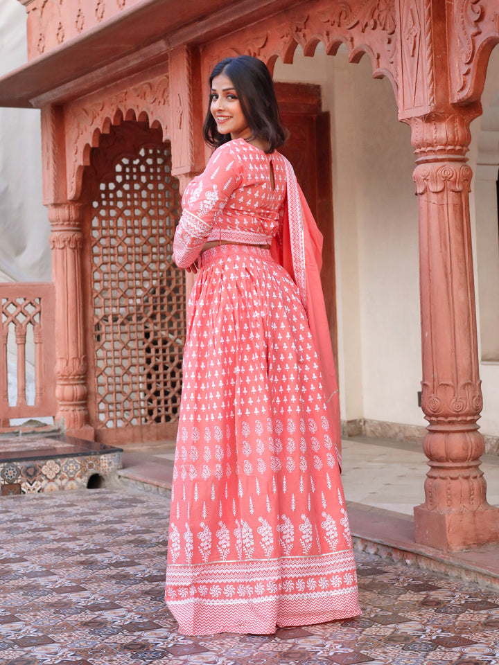 Women Pink Printed Crop Top, Lehenga With Dupatta Set | LASVINI - Redefining Indian Fashion with Elegance