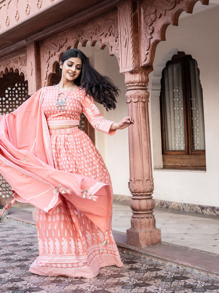 Women Pink Printed Crop Top, Lehenga With Dupatta Set | LASVINI - Redefining Indian Fashion with Elegance