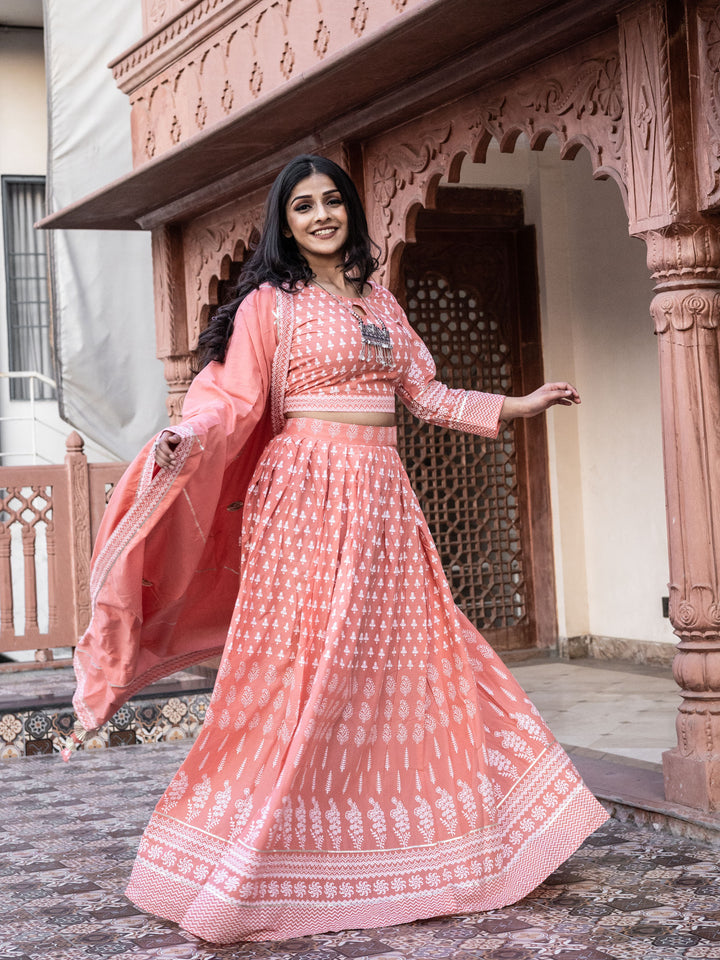 Women Pink Printed Crop Top, Lehenga With Dupatta Set | LASVINI - Redefining Indian Fashion with Elegance