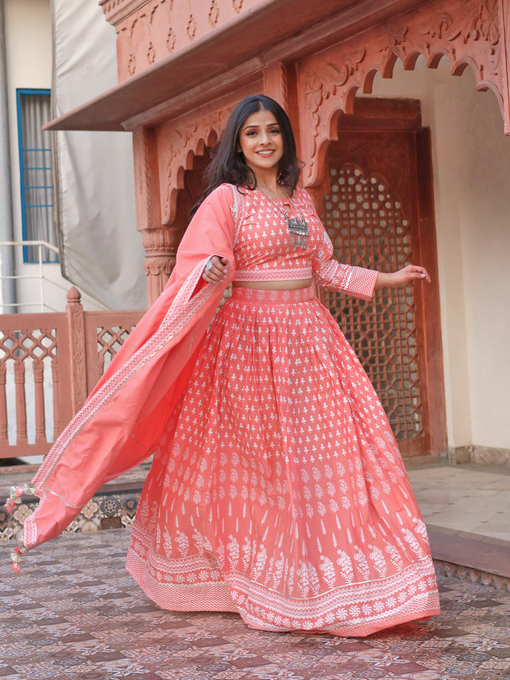 Women Pink Printed Crop Top, Lehenga With Dupatta Set | LASVINI - Redefining Indian Fashion with Elegance
