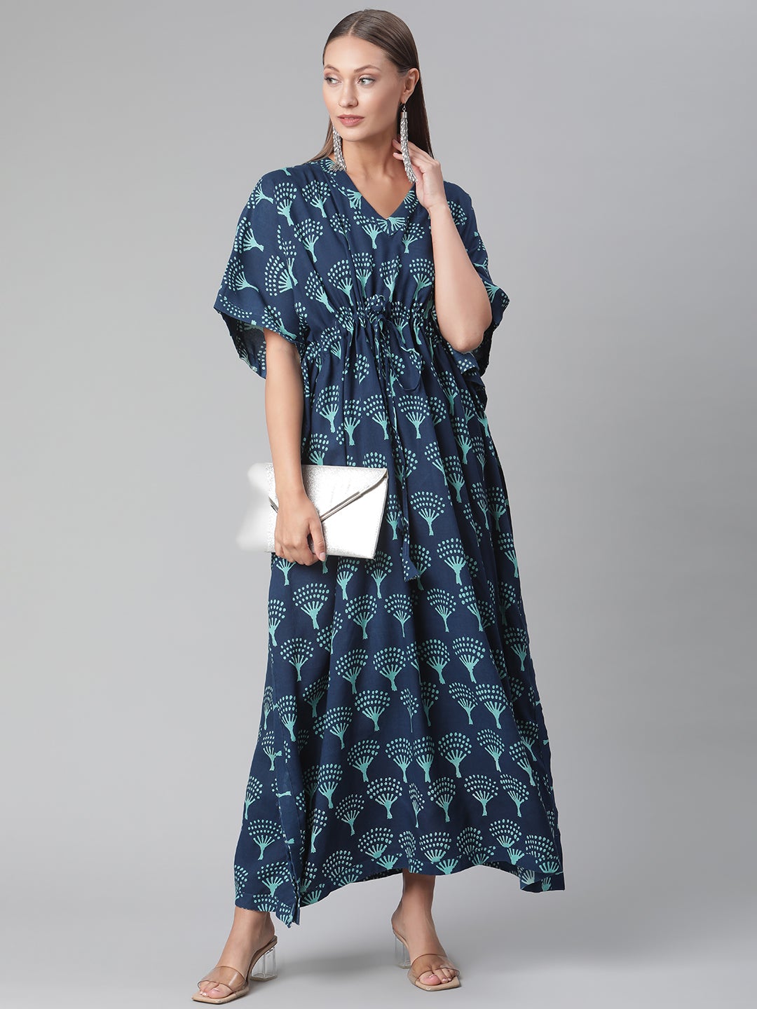 Women'S Navy Blue Floral Cotton Kaftan | LASVINI - Redefining Indian Fashion with Elegance