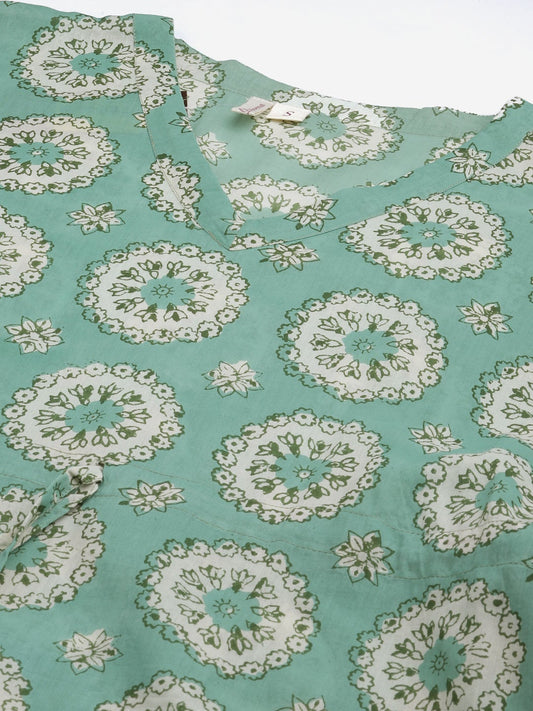 Women'S Sea Green Floral Cotton Kaftan | LASVINI - Redefining Indian Fashion with Elegance