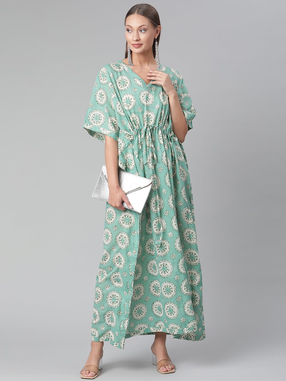Women'S Sea Green Floral Cotton Kaftan | LASVINI - Redefining Indian Fashion with Elegance