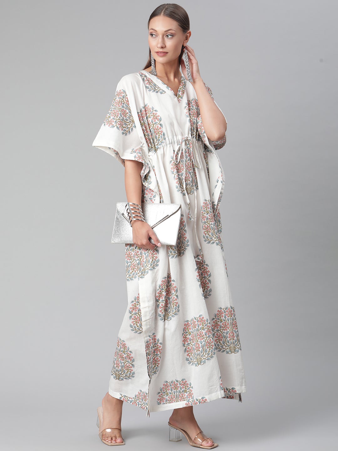 Women'S White Floral Cotton Kaftan | LASVINI - Redefining Indian Fashion with Elegance
