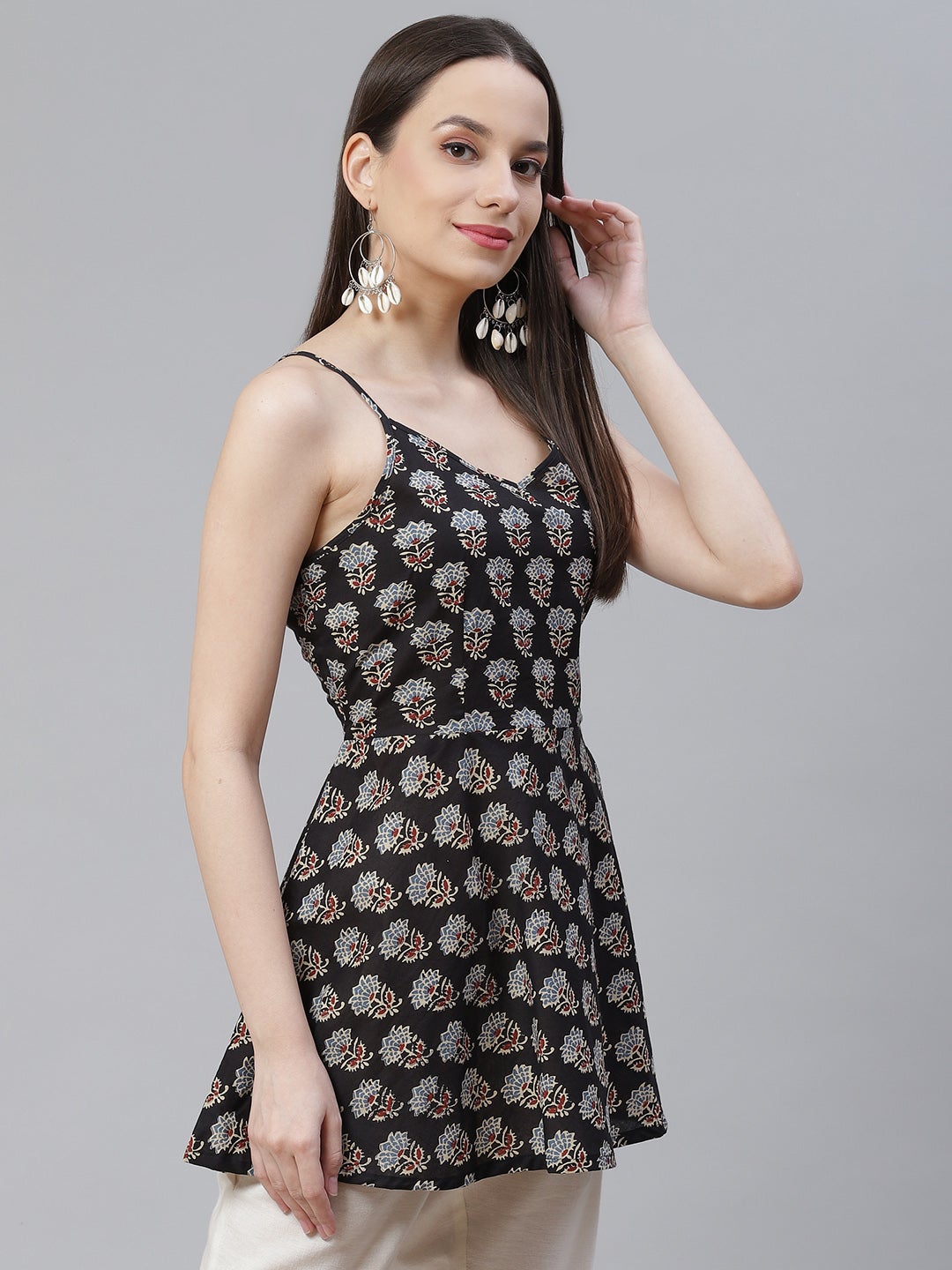 Women'S Block Printed Shoulder Strip Cotton Top | LASVINI - Redefining Indian Fashion with Elegance