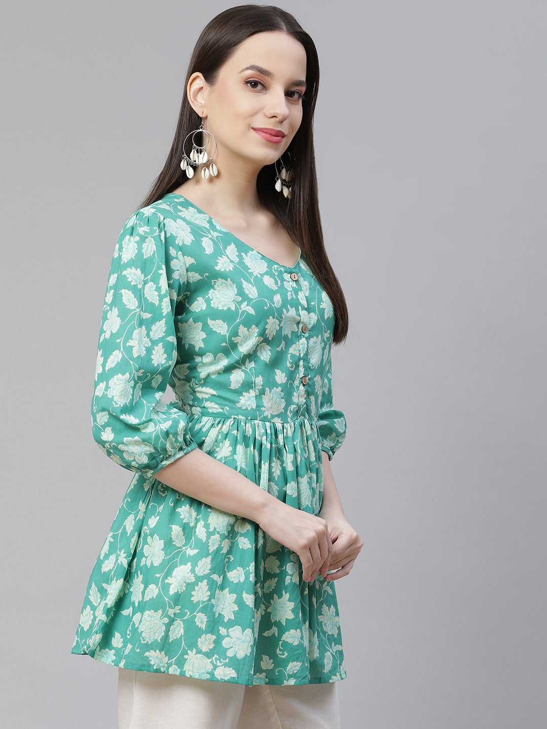 Women'S Sea Green Floral Printed Peplum Cotton Top | LASVINI - Redefining Indian Fashion with Elegance
