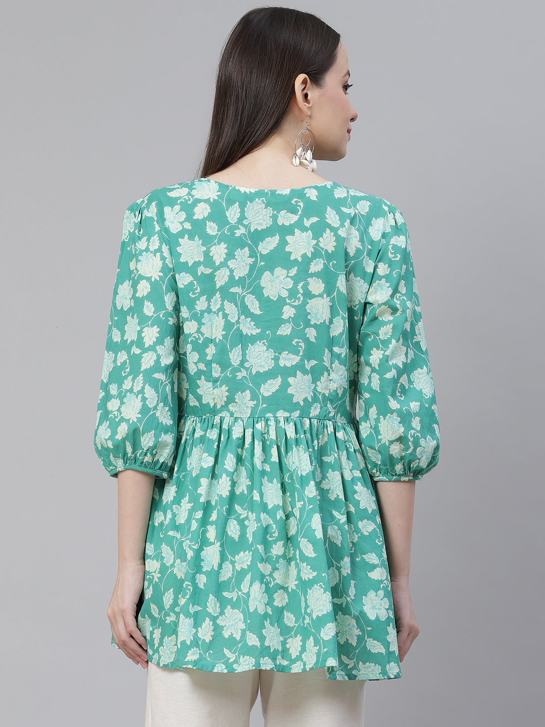 Women'S Sea Green Floral Printed Peplum Cotton Top | LASVINI - Redefining Indian Fashion with Elegance