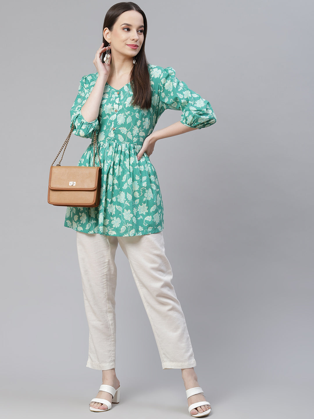 Women'S Sea Green Floral Printed Peplum Cotton Top | LASVINI - Redefining Indian Fashion with Elegance