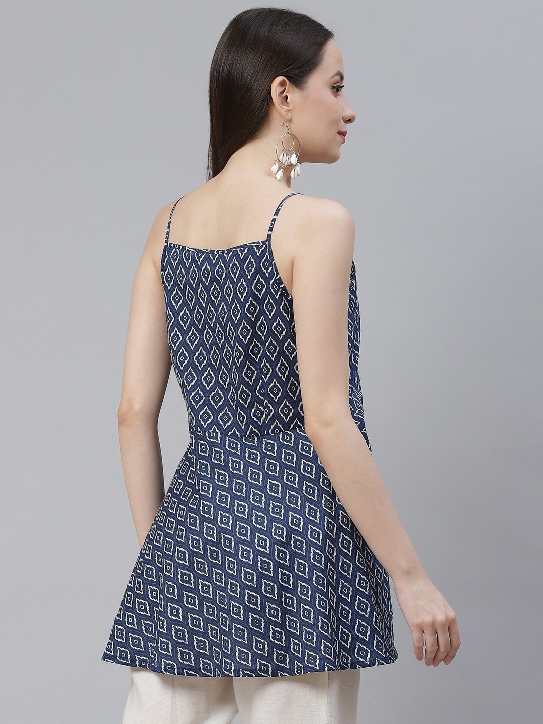 Women'S Blue Geometric Printed Shoulder Strip Cotton Top | LASVINI - Redefining Indian Fashion with Elegance