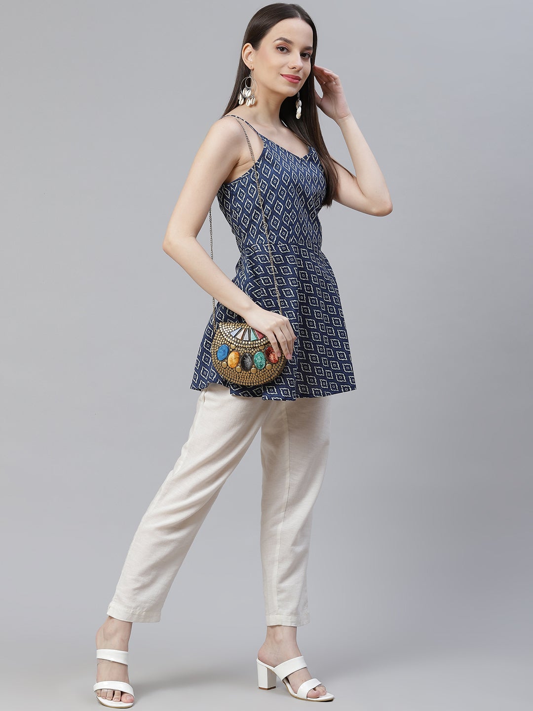 Women'S Blue Geometric Printed Shoulder Strip Cotton Top | LASVINI - Redefining Indian Fashion with Elegance