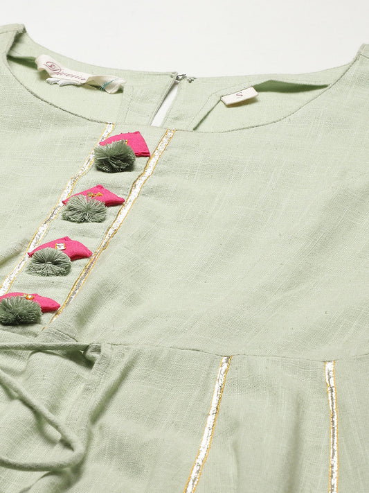 Women'S Pastel Green Flaired Cotton Kurta With Pants | LASVINI - Redefining Indian Fashion with Elegance