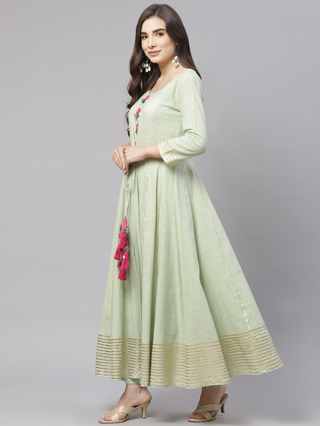 Women'S Pastel Green Flaired Cotton Kurta With Pants | LASVINI - Redefining Indian Fashion with Elegance