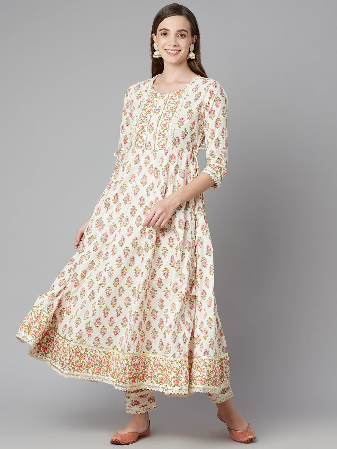 Women'S Cream Floral Anarkali Cotton Kurta Palazzo Set With Dupatta | LASVINI - Redefining Indian Fashion with Elegance
