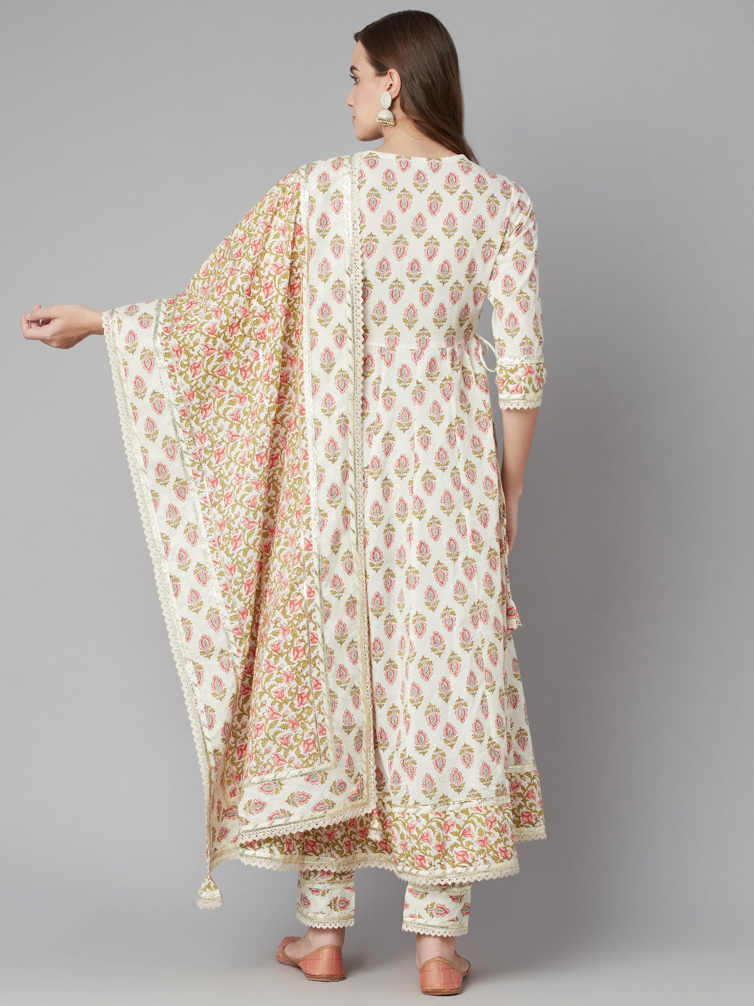 Women'S Cream Floral Anarkali Cotton Kurta Palazzo Set With Dupatta | LASVINI - Redefining Indian Fashion with Elegance