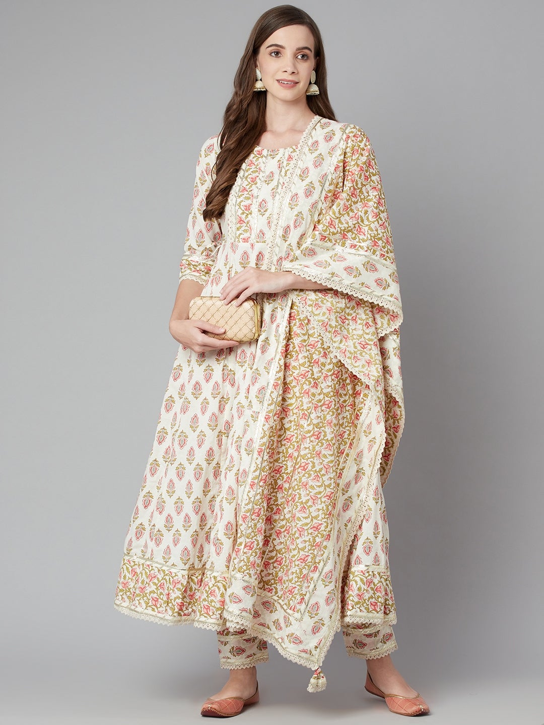 Women'S Cream Floral Anarkali Cotton Kurta Palazzo Set With Dupatta | LASVINI - Redefining Indian Fashion with Elegance