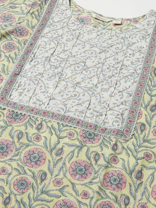 Women'S Yellow Floral Printed Cotton Kurta Pant Set With Dupatta | LASVINI - Redefining Indian Fashion with Elegance