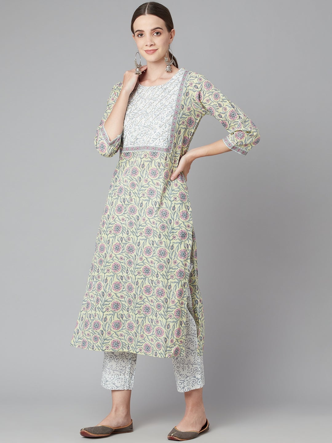 Women'S Yellow Floral Printed Cotton Kurta Pant Set With Dupatta | LASVINI - Redefining Indian Fashion with Elegance