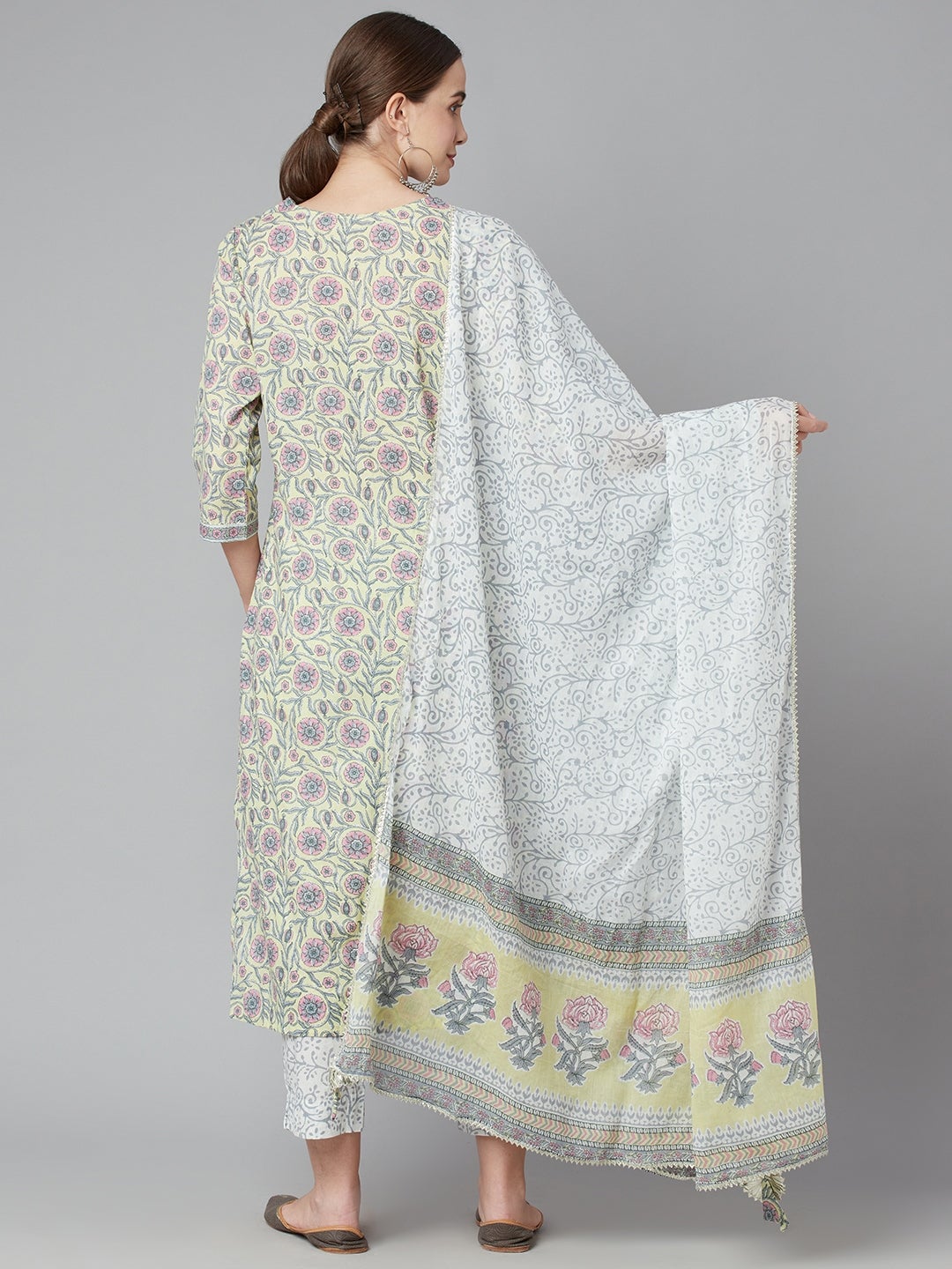 Women'S Yellow Floral Printed Cotton Kurta Pant Set With Dupatta | LASVINI - Redefining Indian Fashion with Elegance