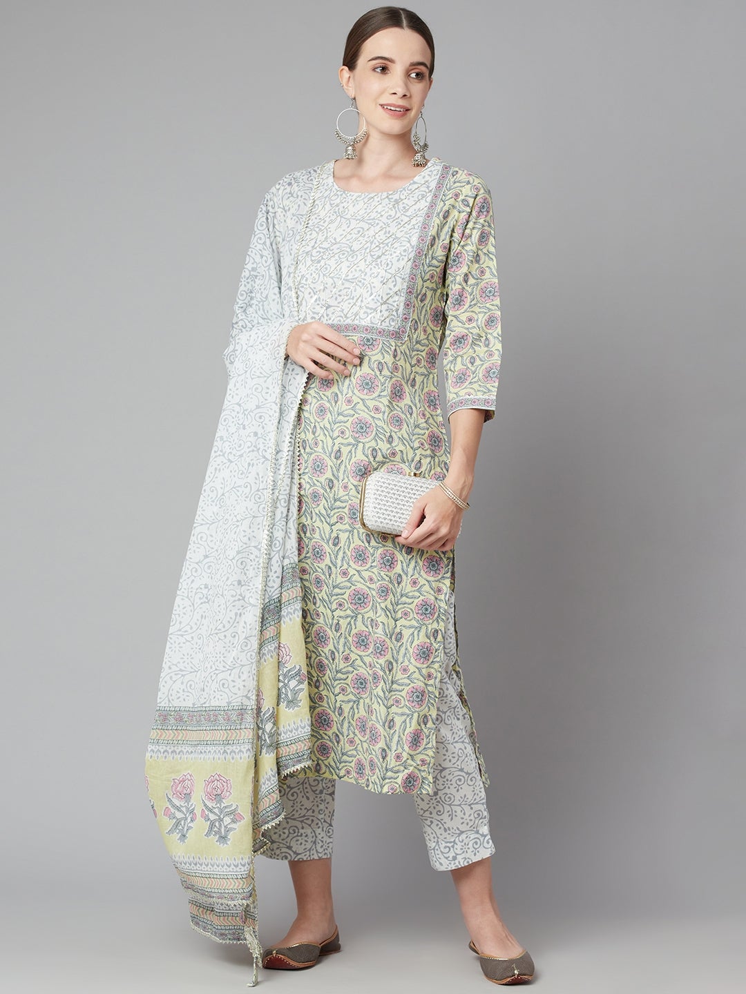 Women'S Yellow Floral Printed Cotton Kurta Pant Set With Dupatta | LASVINI - Redefining Indian Fashion with Elegance