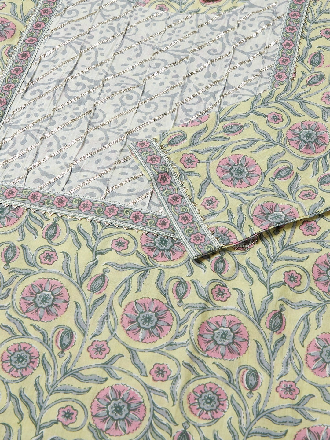 Women'S Yellow Floral Printed Cotton Kurta Pant Set With Dupatta | LASVINI - Redefining Indian Fashion with Elegance