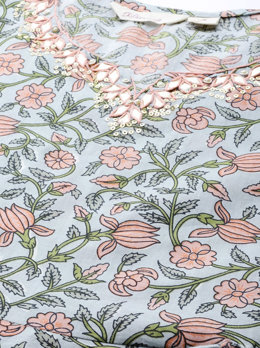 Women'S Pastel Blue Floral Anarkali Cotton Kurta Palazzo Set With Dupatta | LASVINI - Redefining Indian Fashion with Elegance