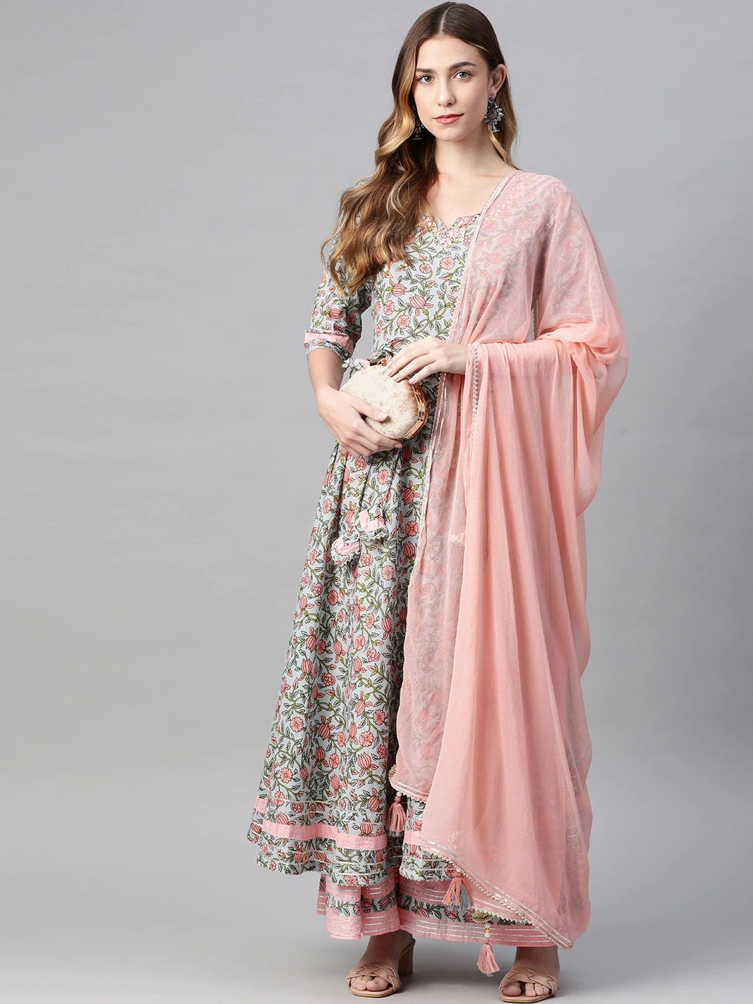 Women'S Pastel Blue Floral Anarkali Cotton Kurta Palazzo Set With Dupatta | LASVINI - Redefining Indian Fashion with Elegance