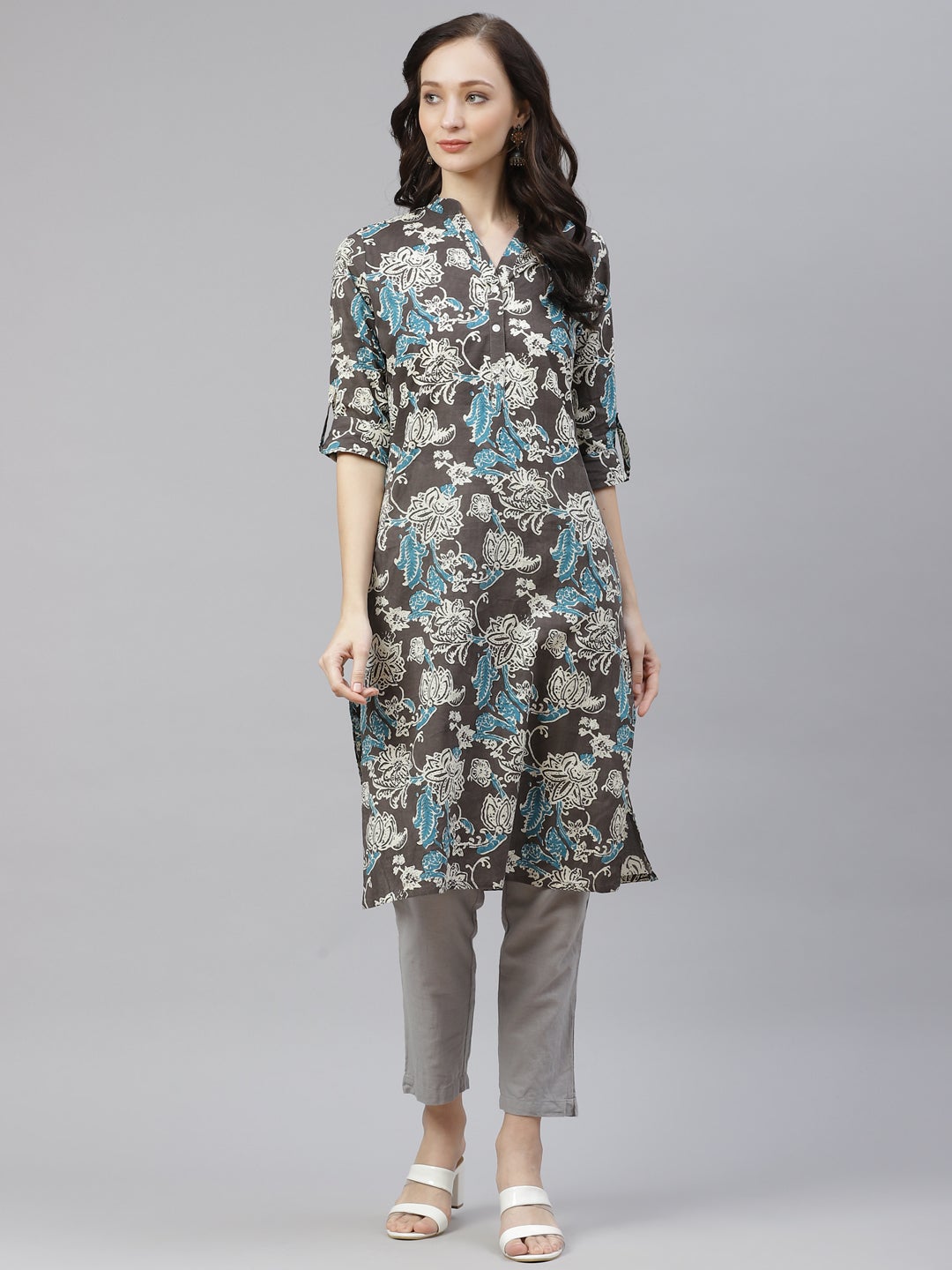 Women'S Brown Floral Printed Straight Kurta | LASVINI - Redefining Indian Fashion with Elegance