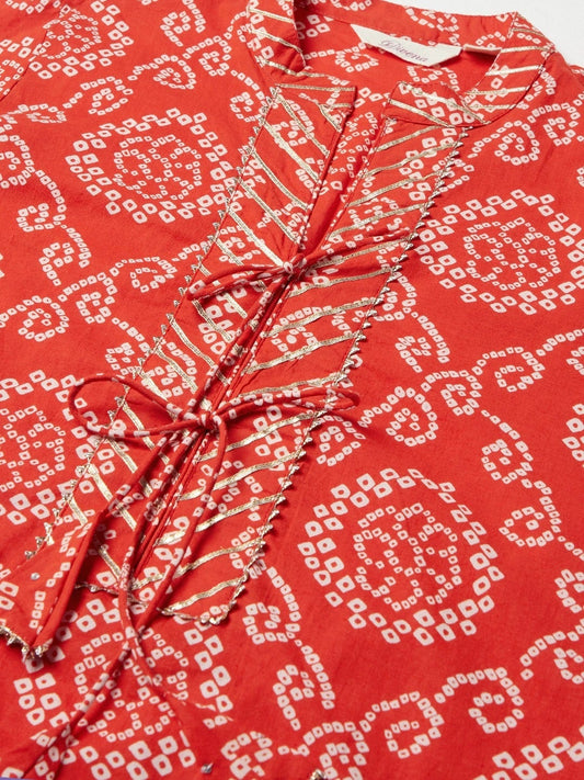 Women'S Red Bandhej Straight Kurta | LASVINI - Redefining Indian Fashion with Elegance