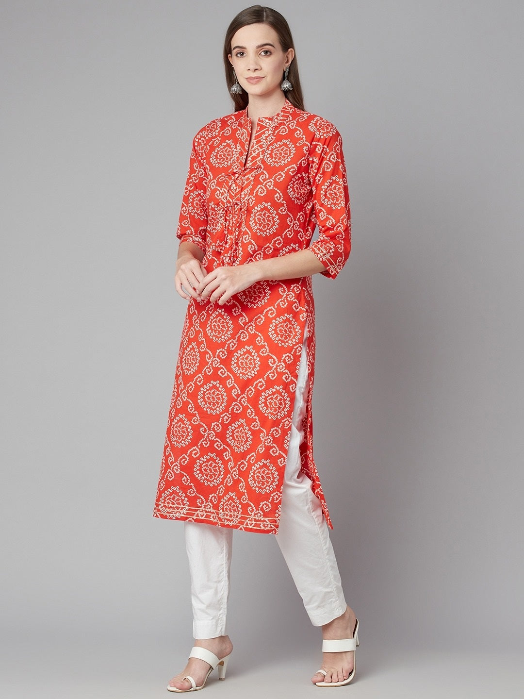 Women'S Red Bandhej Straight Kurta | LASVINI - Redefining Indian Fashion with Elegance