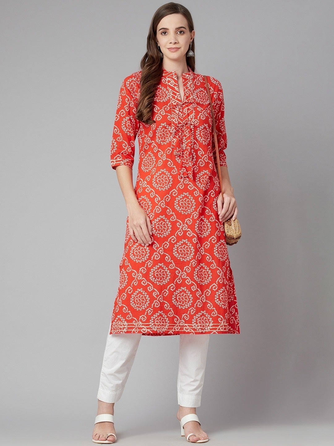 Women'S Red Bandhej Straight Kurta | LASVINI - Redefining Indian Fashion with Elegance