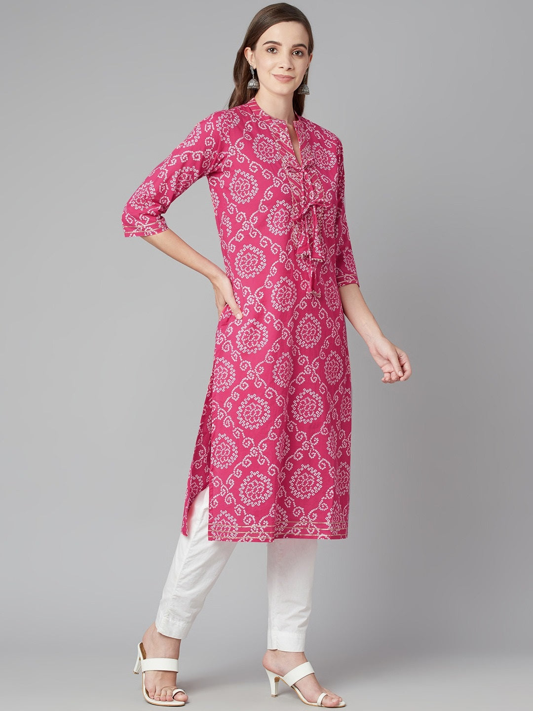 Women'S Pink Bandhej Straight Kurta | LASVINI - Redefining Indian Fashion with Elegance