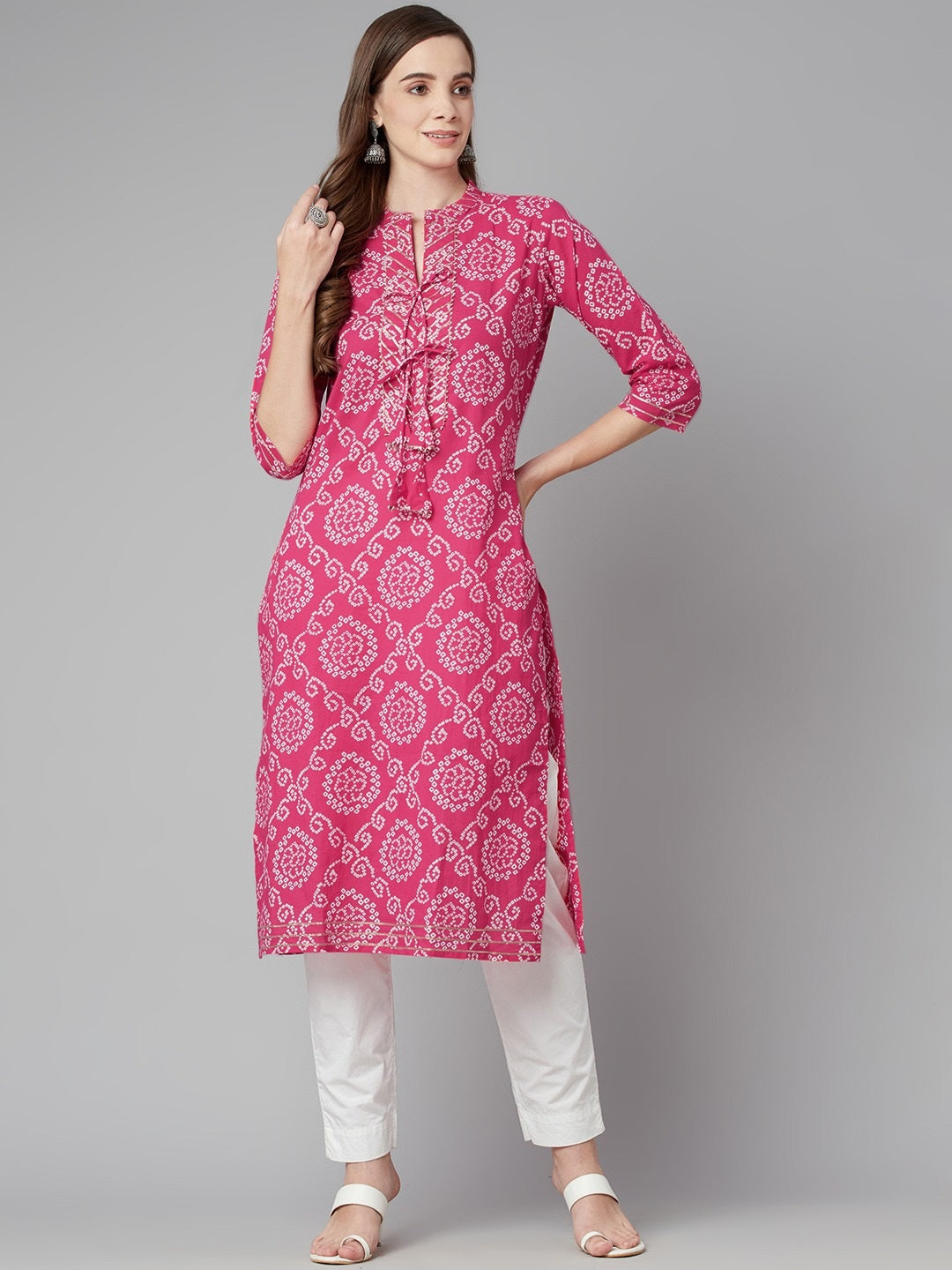 Women'S Pink Bandhej Straight Kurta | LASVINI - Redefining Indian Fashion with Elegance