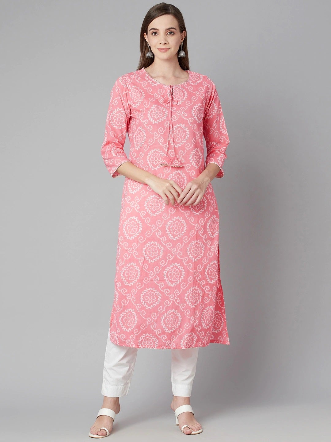 Women'S Baby Pink Bandhej Straight Kurta | LASVINI - Redefining Indian Fashion with Elegance