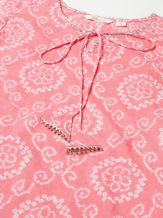 Women'S Baby Pink Bandhej Straight Kurta | LASVINI - Redefining Indian Fashion with Elegance