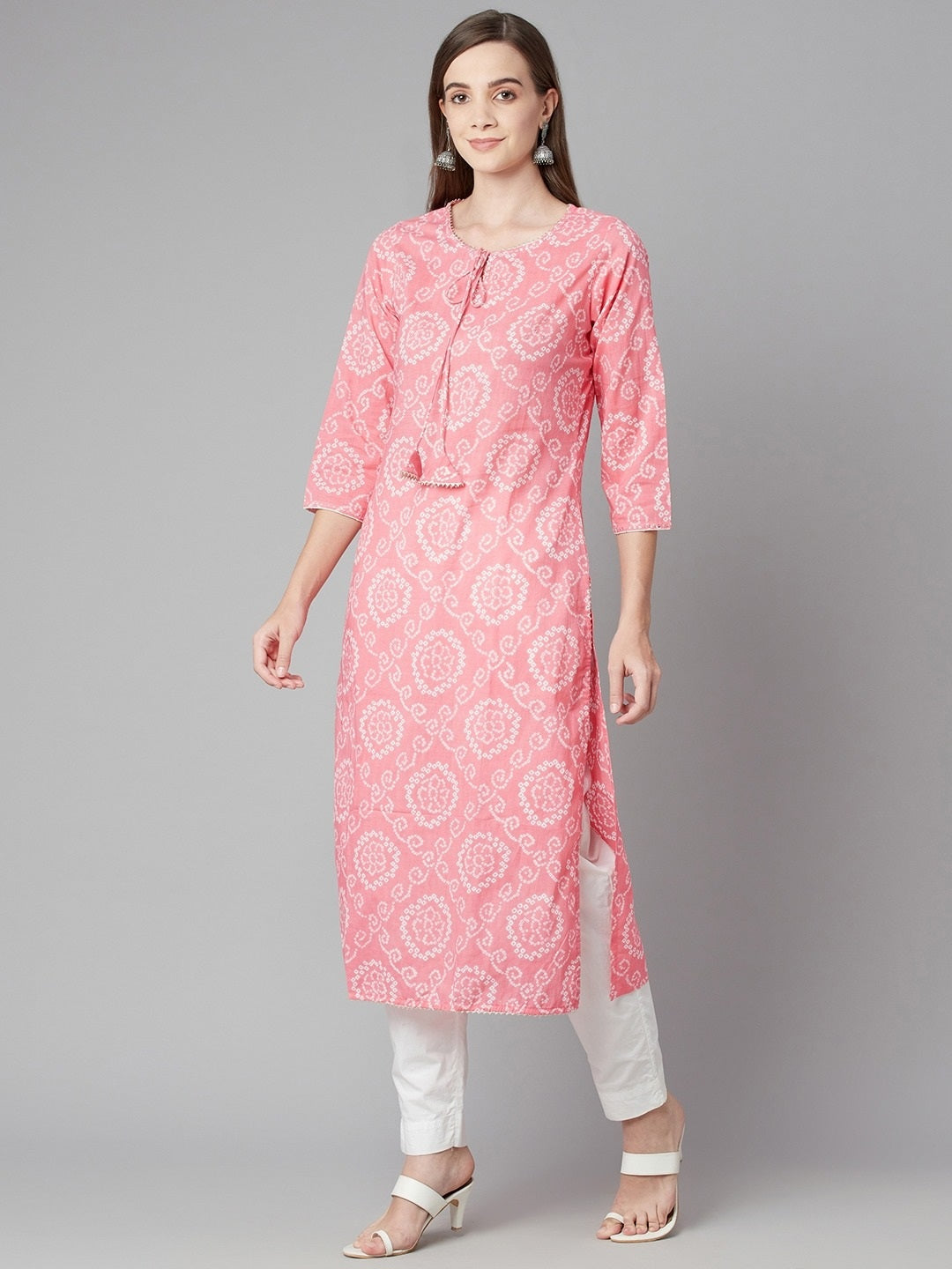Women'S Baby Pink Bandhej Straight Kurta | LASVINI - Redefining Indian Fashion with Elegance