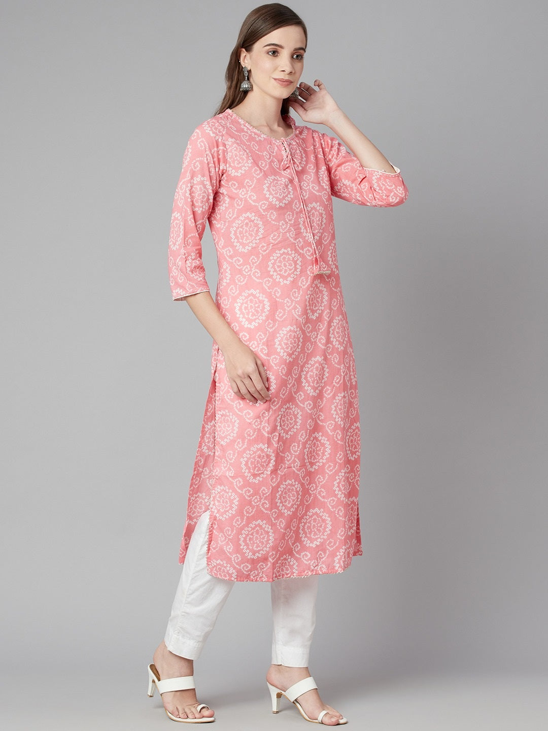 Women'S Baby Pink Bandhej Straight Kurta | LASVINI - Redefining Indian Fashion with Elegance