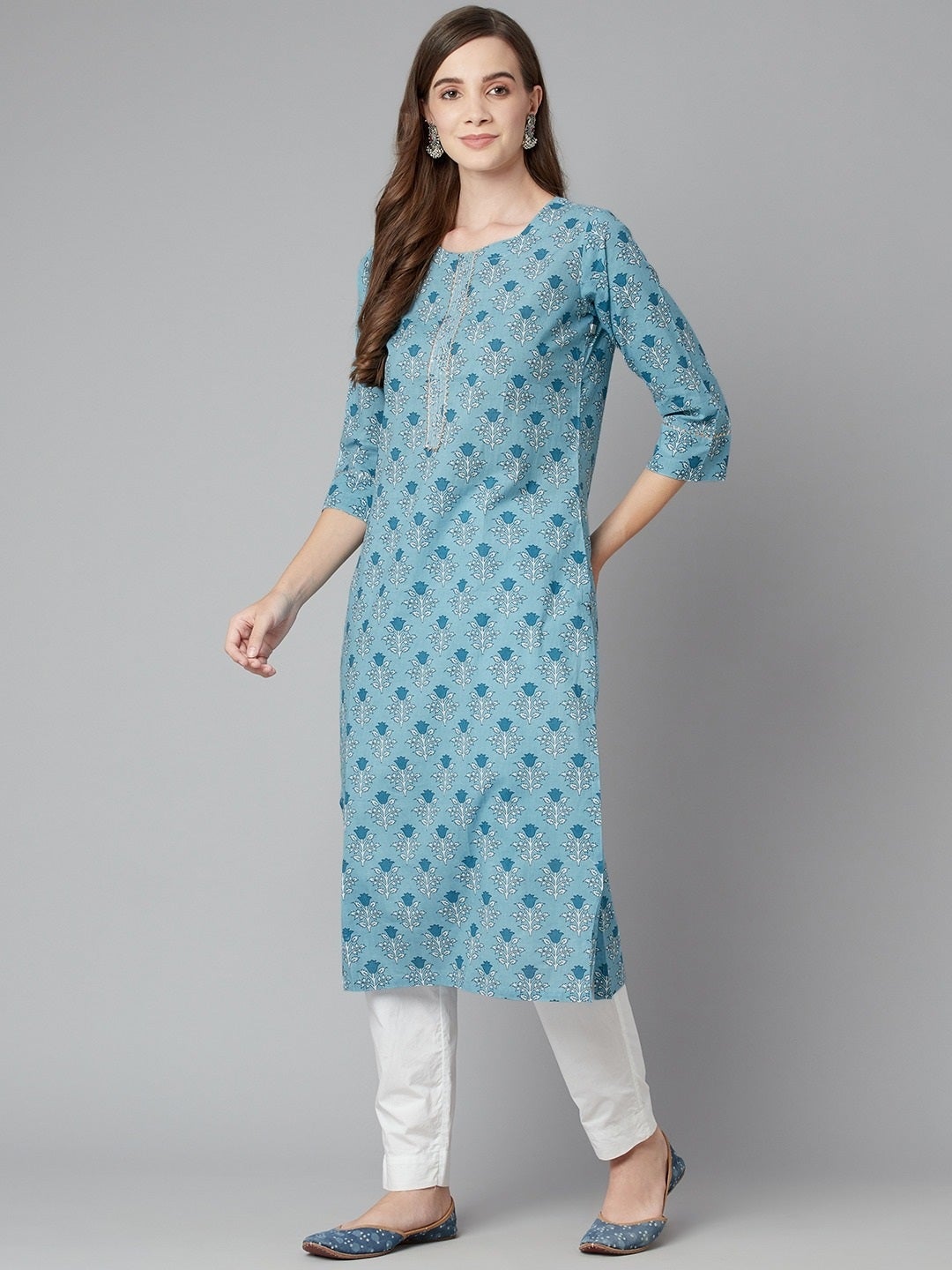 Women'S Sky Blue Floral Straight Kurta | LASVINI - Redefining Indian Fashion with Elegance
