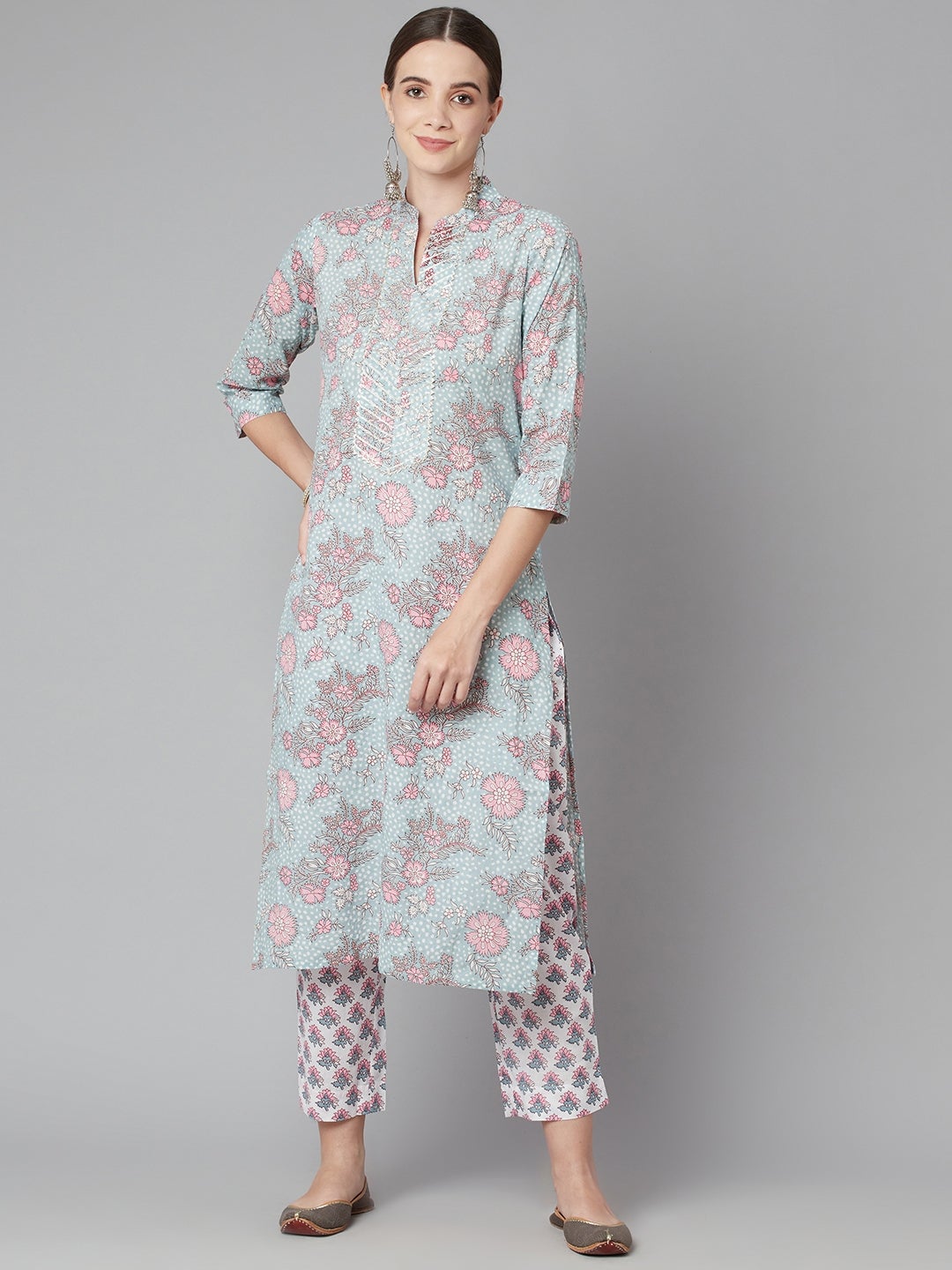Women'S Grey Pastel Floral Printed Cotton Kurta Pant Set | LASVINI - Redefining Indian Fashion with Elegance