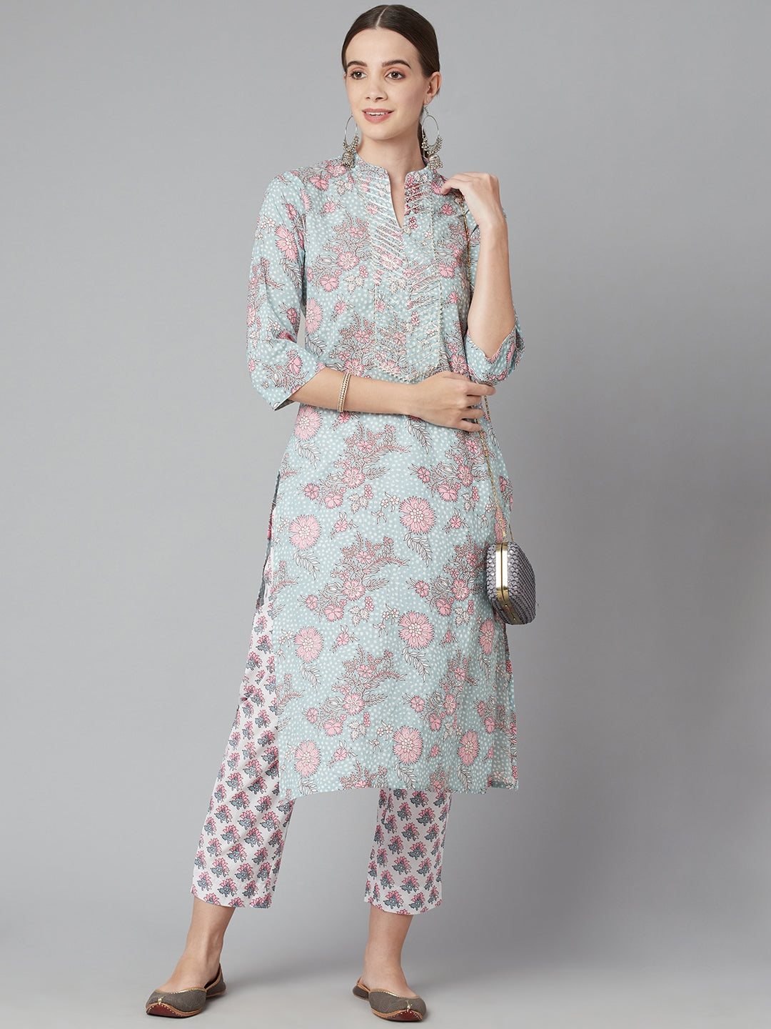 Women'S Grey Pastel Floral Printed Cotton Kurta Pant Set | LASVINI - Redefining Indian Fashion with Elegance