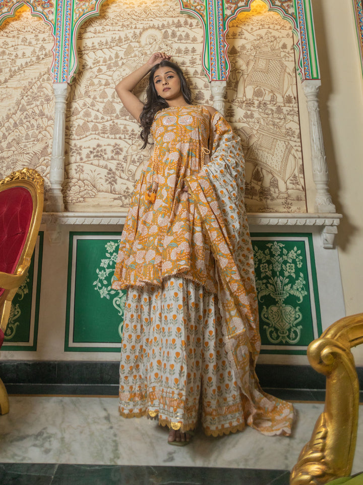 Women Yellow Cotton Anarkali Kurta Sharara Set With Dupatta | LASVINI - Redefining Indian Fashion with Elegance