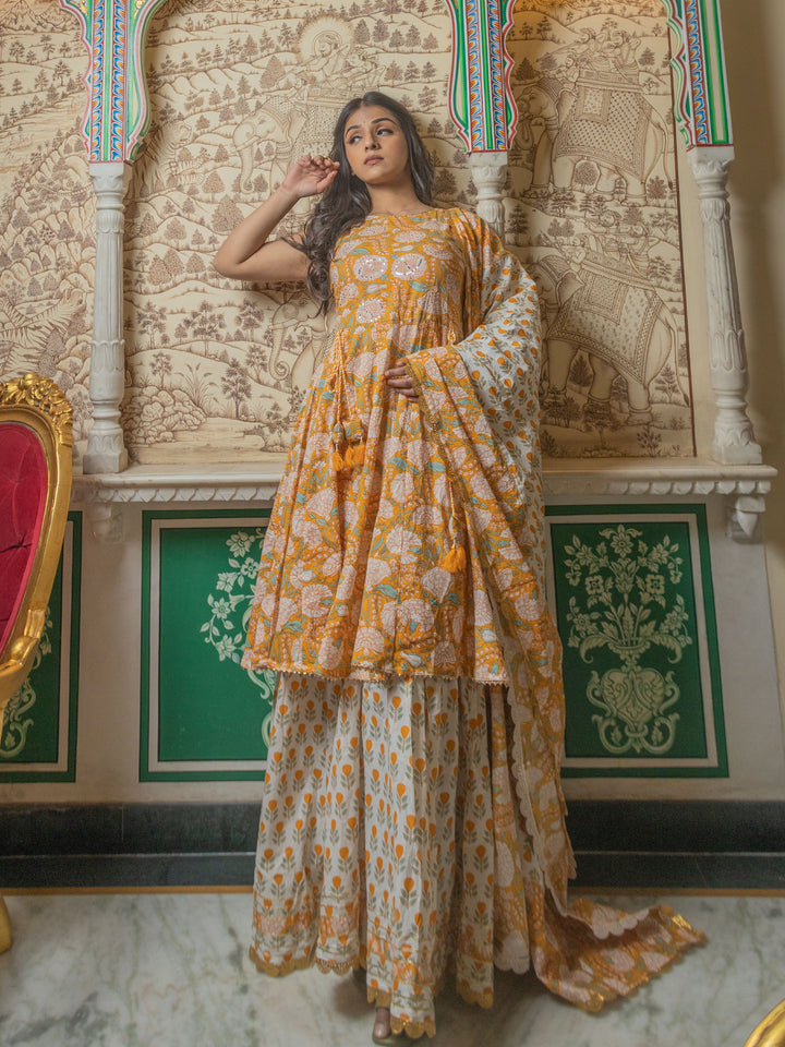 Women'S Yellow Cotton Anarkali Kurta Sharara Set With Dupatta | LASVINI - Redefining Indian Fashion with Elegance