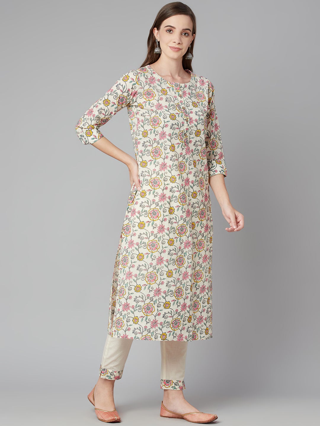 Women'S Cream Floral Printed Cotton Kurta Pant Set | LASVINI - Redefining Indian Fashion with Elegance