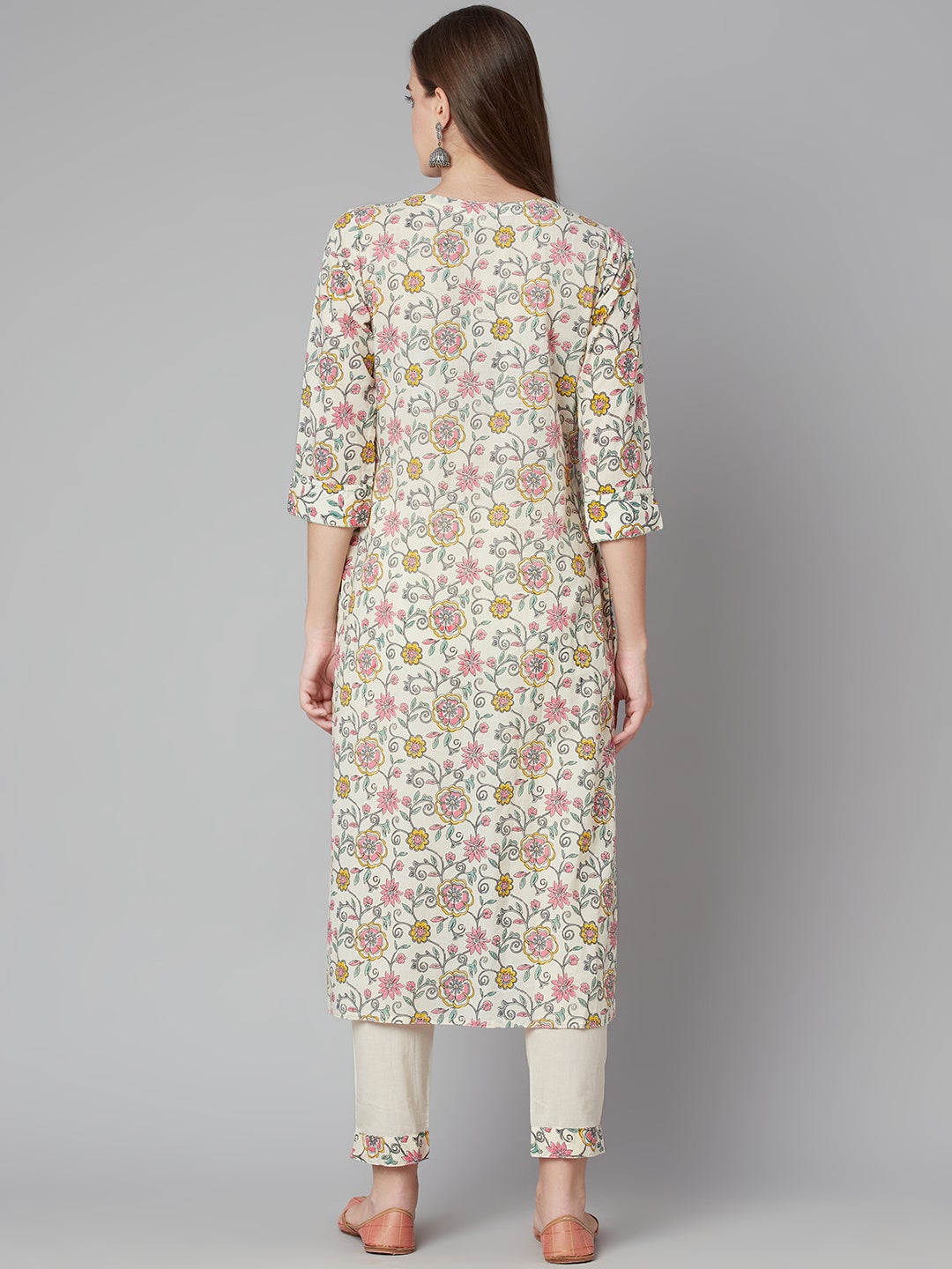 Women'S Cream Floral Printed Cotton Kurta Pant Set | LASVINI - Redefining Indian Fashion with Elegance