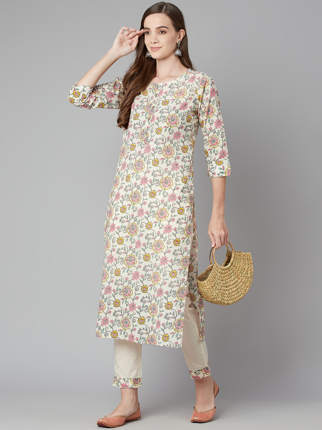 Women'S Cream Floral Printed Cotton Kurta Pant Set | LASVINI - Redefining Indian Fashion with Elegance