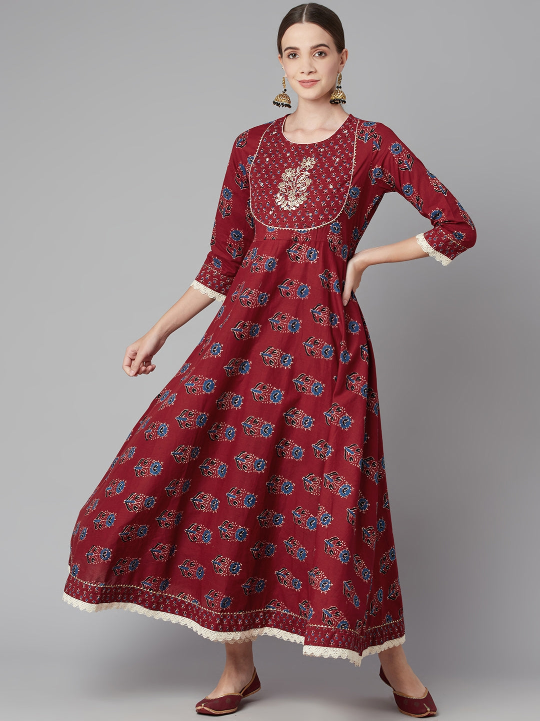 Women'S Red Floral Anarkali Cotton Kurta Pant Set With Dupatta | LASVINI - Redefining Indian Fashion with Elegance