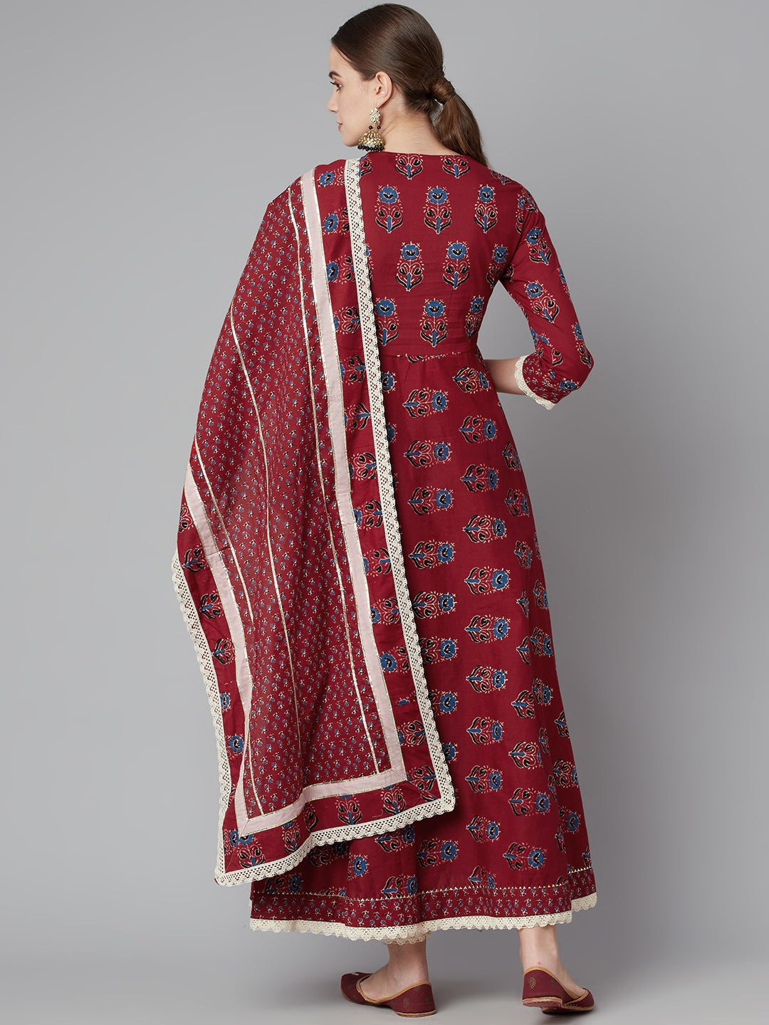 Women'S Red Floral Anarkali Cotton Kurta Pant Set With Dupatta | LASVINI - Redefining Indian Fashion with Elegance