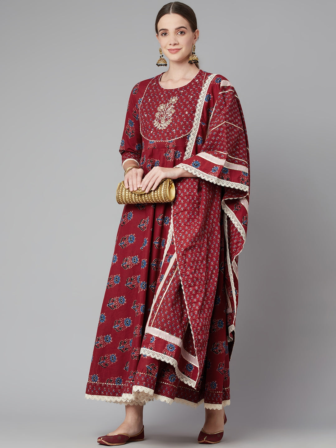 Women'S Red Floral Anarkali Cotton Kurta Pant Set With Dupatta | LASVINI - Redefining Indian Fashion with Elegance