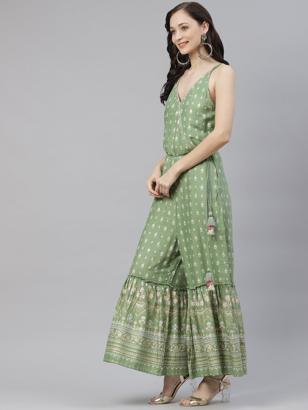 Women'S Green Angrakha Shoulder Strips Jumpsuit | LASVINI - Redefining Indian Fashion with Elegance