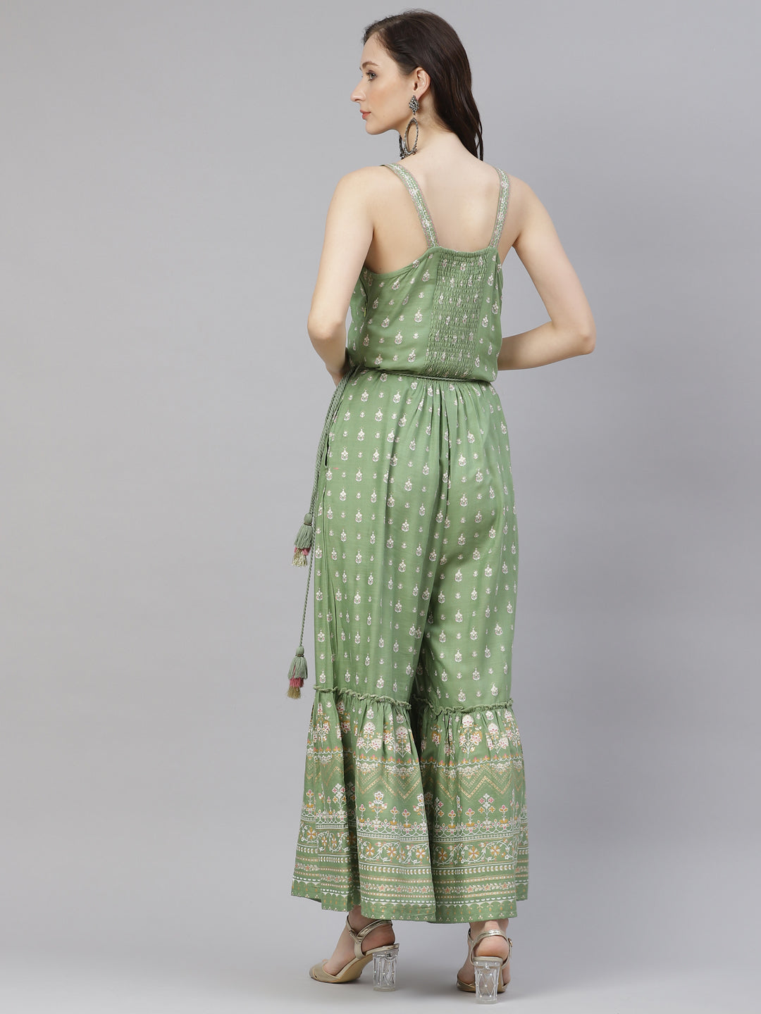 Women'S Green Angrakha Shoulder Strips Jumpsuit | LASVINI - Redefining Indian Fashion with Elegance