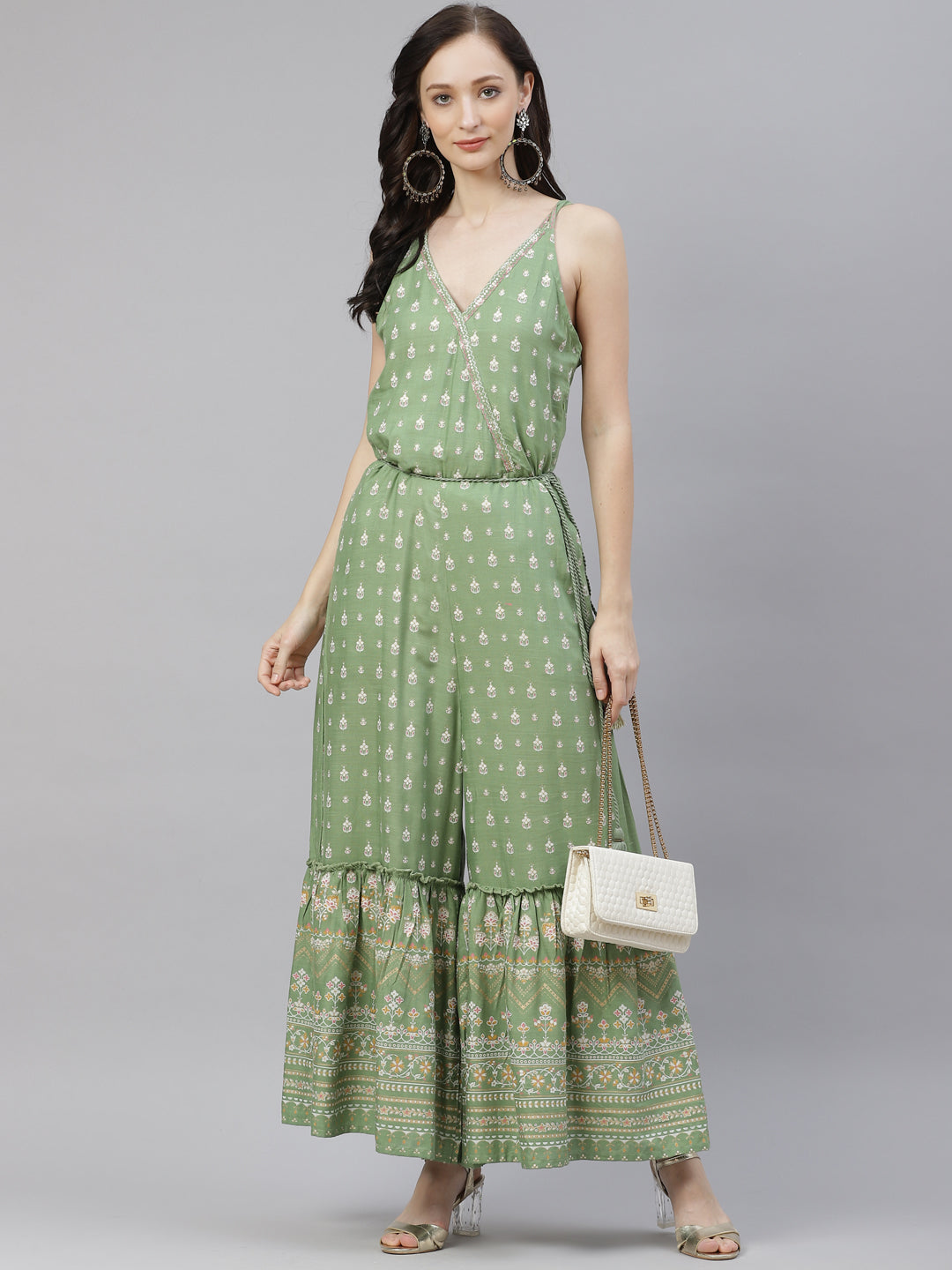 Women'S Green Angrakha Shoulder Strips Jumpsuit | LASVINI - Redefining Indian Fashion with Elegance
